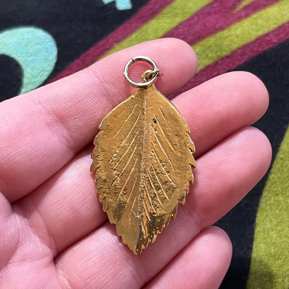Vintage Yellow Enamel Gold Tone Metal Costume Jewelry Leaf Pendant